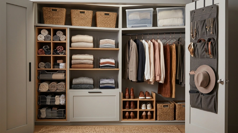 clothes on shelves